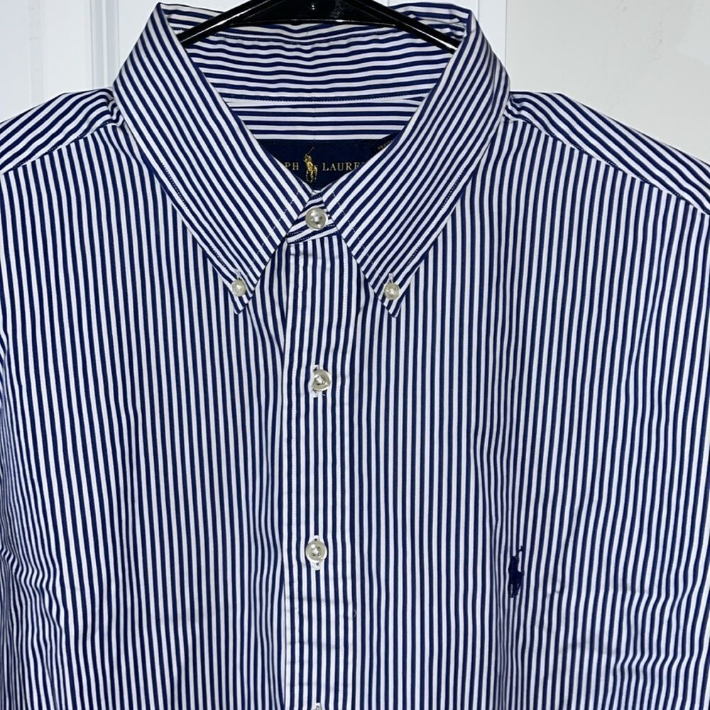 Polo by Ralph Lauren White Blue Stripe w/Pony Dress Work Shirt 17 x 34/35 Men’s